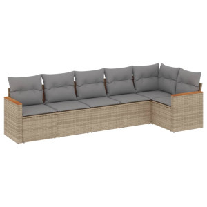 6 pcs conj. sofás jardim c/ almofadões vime PE bege misturado H