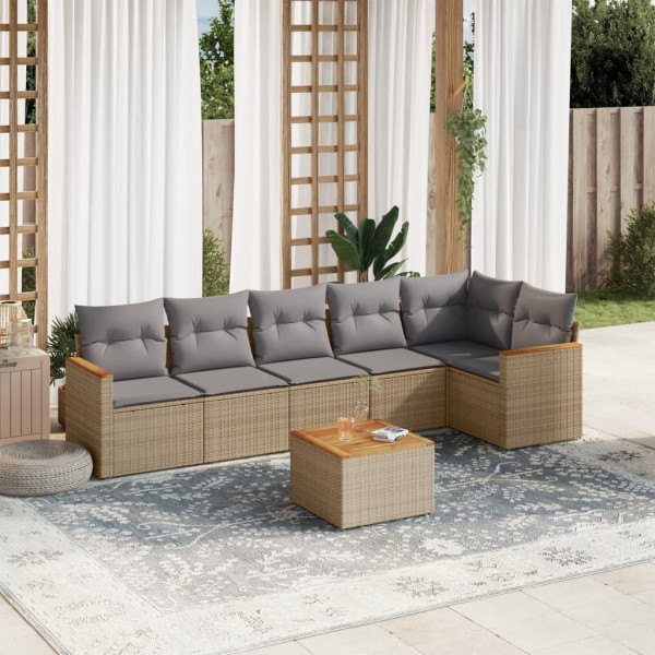 Juego de sofás jardín con cojines beige mezcla 7 pzas ratán PE D