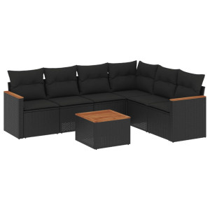 7 pcs conjunto de sofás p/ jardim c/ almofadões vime PE preto H