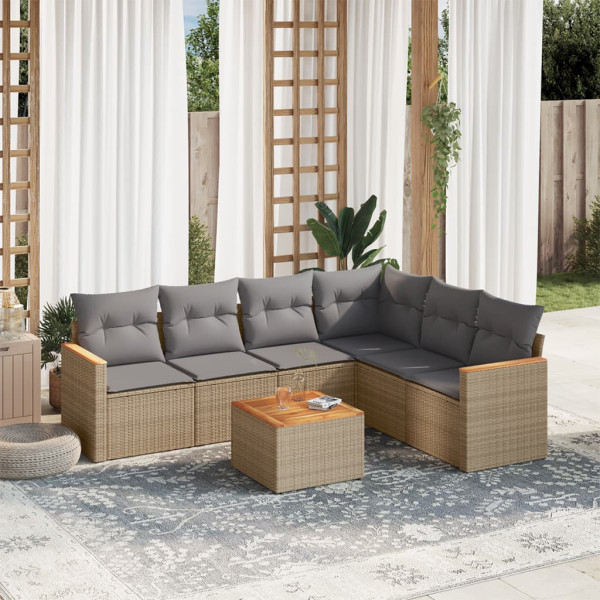 7 pcs conj. sofás jardim c/ almofadões vime PE bege misturado D
