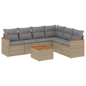 7 pcs conj. sofás jardim c/ almofadões vime PE bege misturado H