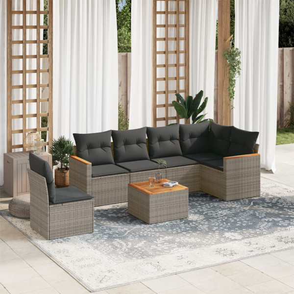 Set de sofás de jardín 7 piezas con cojines ratán PE gris D