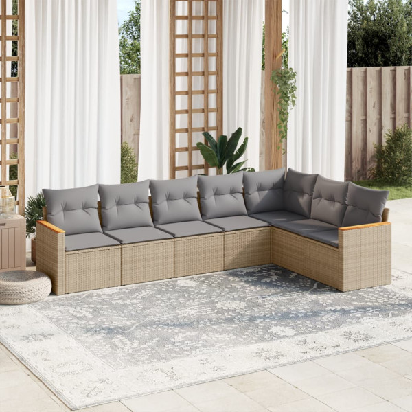 7 pcs conj. sofás jardim c/ almofadões vime PE bege misturado D