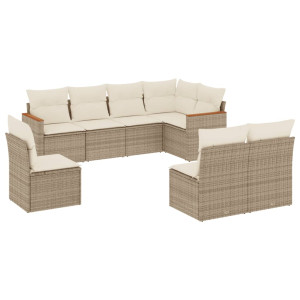 8 pcs conjunto de sofás p/ jardim com almofadões vime PE bege H