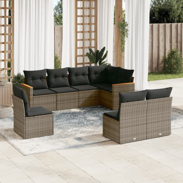 8 pcs conjunto sofás de jardim c/ almofadões vime PE cinzento D