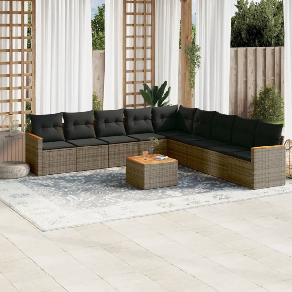 10 pcs conjunto sofás de jardim c/ almofadões vime PE cinzento D