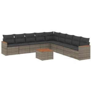 10 pcs conjunto sofás de jardim c/ almofadões vime PE cinzento H