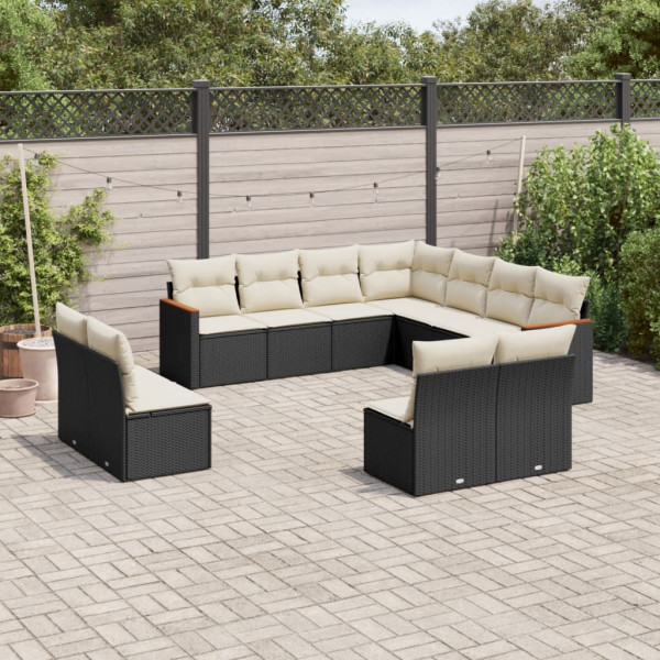11 pcs conjunto sofás de jardim c/ almofadões vime PE preto D