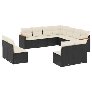 11 pcs conjunto sofás de jardim c/ almofadões vime PE preto H