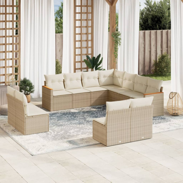 Set de sofás de jardín 11pzas con cojines ratán sintético beige D