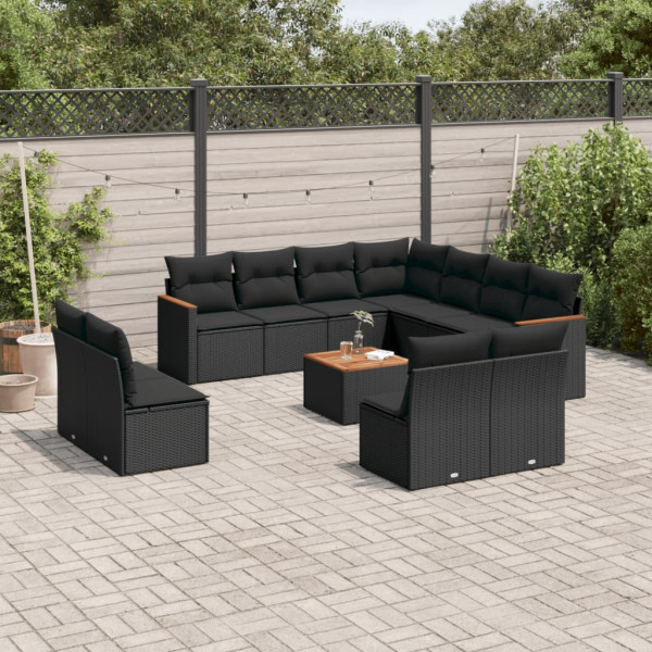12 pcs conjunto de sofás de jardim c/ almofadões vime PE preto D