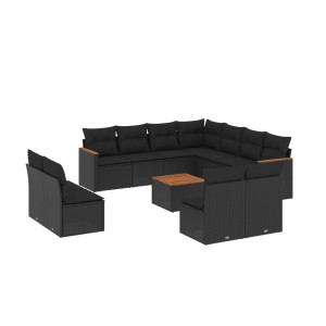 12 pcs conjunto de sofás de jardim c/ almofadões vime PE preto H