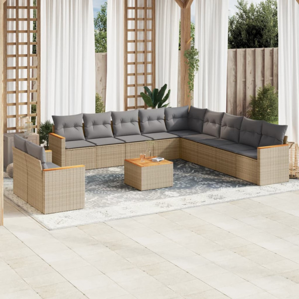 12 pcs conj. sofás jardim c/ almofadões vime PE bege misturado D