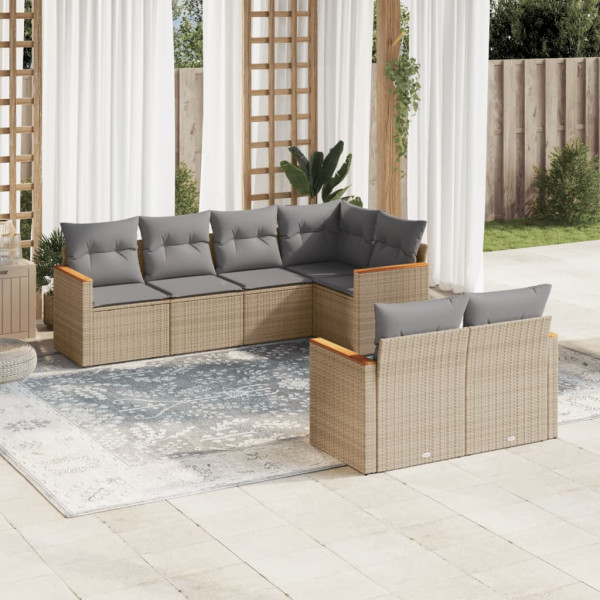 7 pcs conj. sofás jardim c/ almofadões vime PE bege misturado D