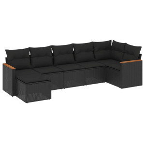 7 pcs conjunto de sofás p/ jardim c/ almofadões vime PE preto H