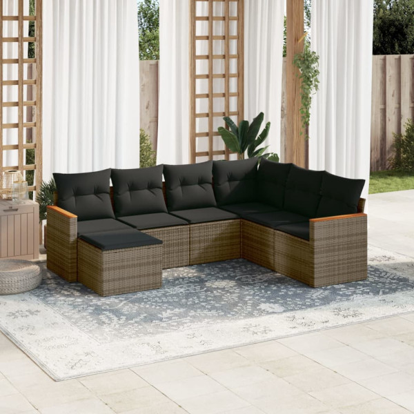 Set de sofás de jardín 7 piezas con cojines ratán PE gris D