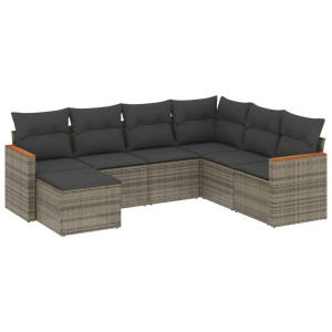 7 pcs conjunto sofás p/ jardim c/ almofadões vime PE cinzento H