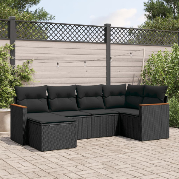 Set de sofás de jardín 6 piezas y cojines ratán sintético negro D