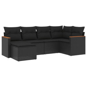 6 pcs conjunto sofás de jardim c/ almofadões vime PE preto H