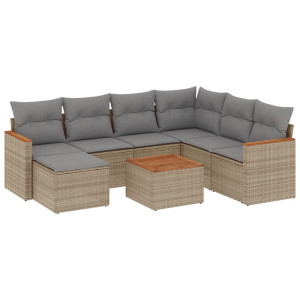 8 pcs conj. sofás jardim c/ almofadões vime PE bege misturado H