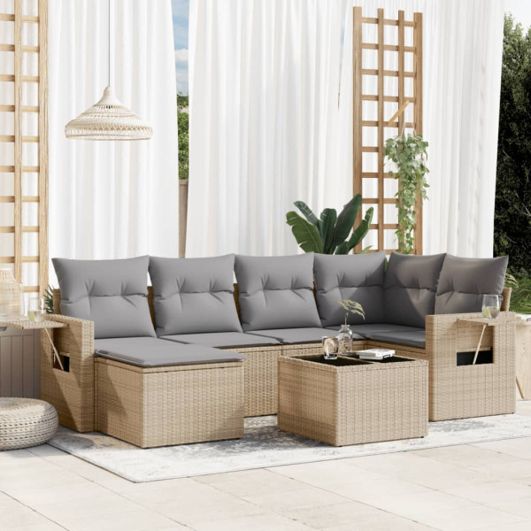 7 pcs conjunto de sofás p/ jardim com almofadões vime PE bege D