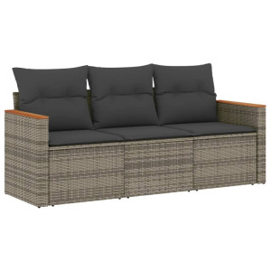 3 pcs conjunto sofás de jardim c/ almofadões vime PE cinzento H