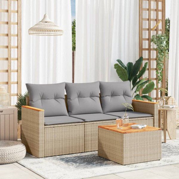 4 pcs conj. sofás jardim c/ almofadões vime PE bege misturado D