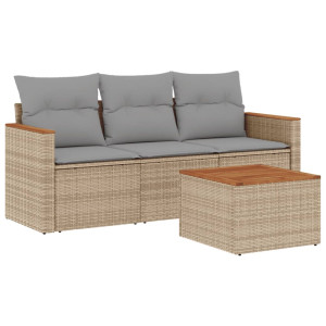 4 pcs conj. sofás jardim c/ almofadões vime PE bege misturado H