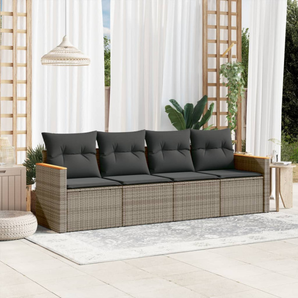 4 pcs conjunto sofás de jardim c/ almofadões vime PE cinzento D