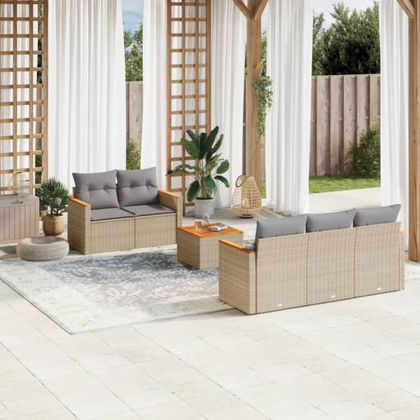 6 pcs conj. sofás jardim c/ almofadões vime PE bege misturado D