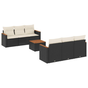 7 pcs conjunto de sofás p/ jardim c/ almofadões vime PE preto H