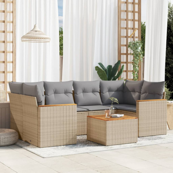 7 pcs conj. sofás jardim c/ almofadões vime PE bege misturado D