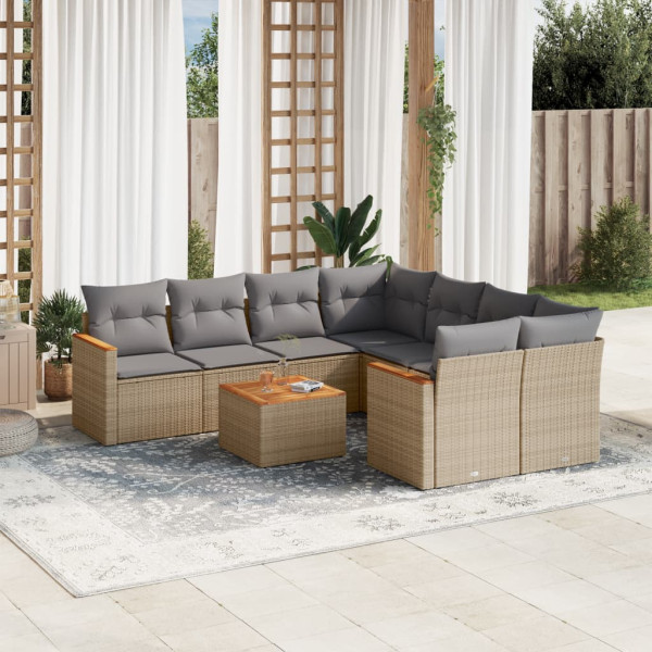 9 pcs conj. sofás jardim c/ almofadões vime PE bege misturado D