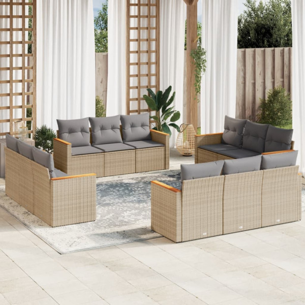 12 pcs conj. sofás jardim c/ almofadões vime PE bege misturado D