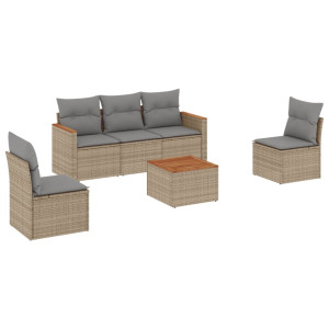6 pcs conj. sofás jardim c/ almofadões vime PE bege misturado H