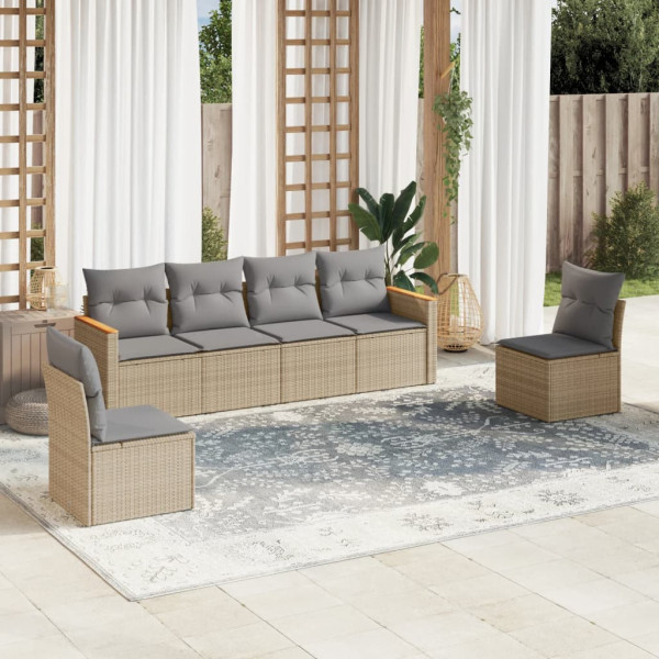 6 pcs conj. sofás jardim c/ almofadões vime PE bege misturado D
