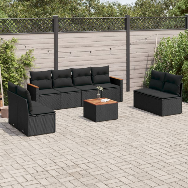 9 pcs conjunto de sofás p/ jardim c/ almofadões vime PE preto D