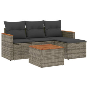 5 pcs conjunto sofás de jardim c/ almofadões vime PE cinzento H