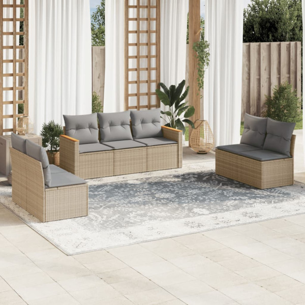 Juego de sofás jardín con cojines beige mezcla 7 pzas ratán PE D