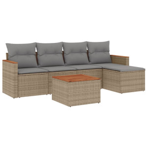 6 pcs conj. sofás jardim c/ almofadões vime PE bege misturado H