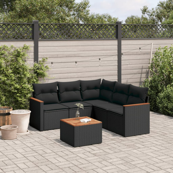 6 pcs conjunto sofás de jardim c/ almofadões vime PE preto D