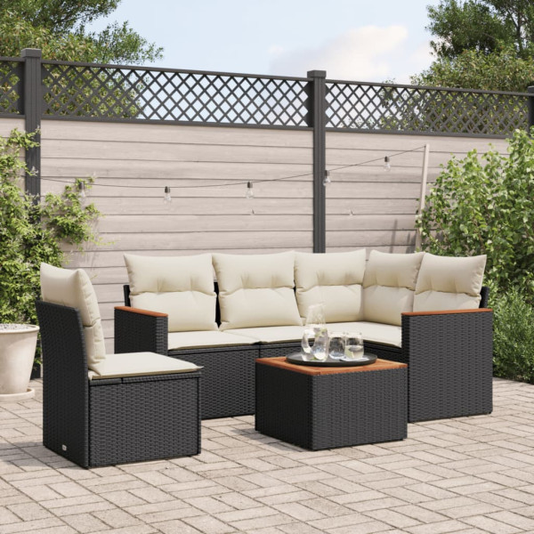 6 pcs conjunto sofás de jardim c/ almofadões vime PE preto D