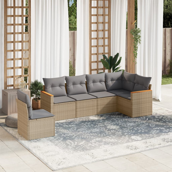 6 pcs conj. sofás jardim c/ almofadões vime PE bege misturado D