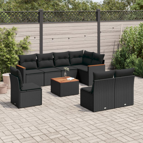 9 pcs conjunto de sofás p/ jardim c/ almofadões vime PE preto D