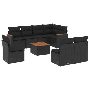 9 pcs conjunto de sofás p/ jardim c/ almofadões vime PE preto H