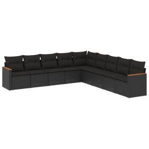 9 pcs conjunto de sofás p/ jardim c/ almofadões vime PE preto H