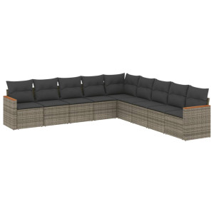 9 pcs conjunto sofás p/ jardim com almofadões vime PE cinzento H