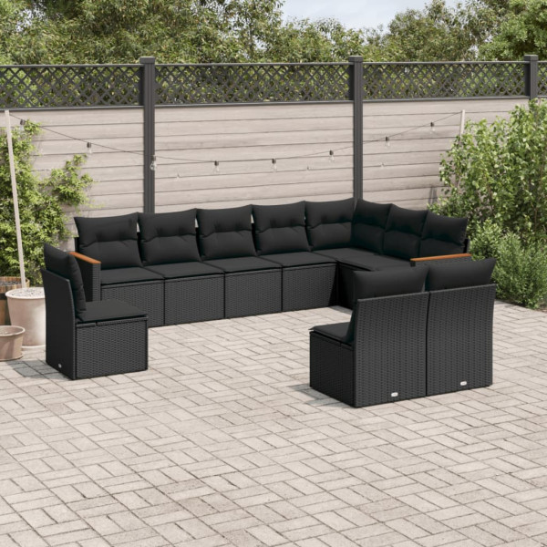 10 pcs conjunto sofás de jardim c/ almofadões vime PE preto D
