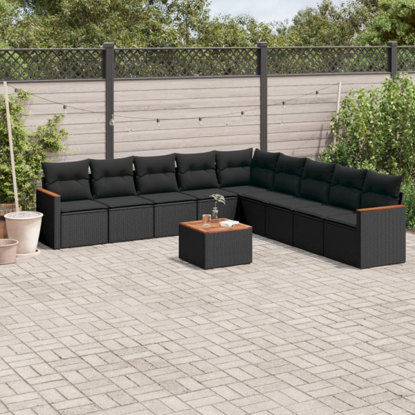 10 pcs conjunto sofás de jardim c/ almofadões vime PE preto D