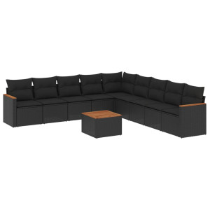 10 pcs conjunto sofás de jardim c/ almofadões vime PE preto H